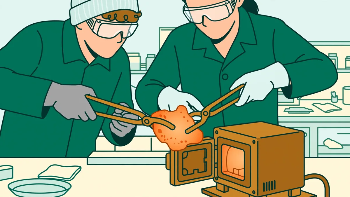 Deux étudiants en blouse, gants et lunettes qui saisissent avec une pince une pièce métallique incandescente près d'un four de laboratoire.
