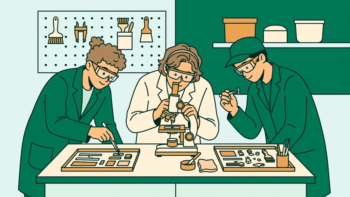 Trois étudiants en blouse et lunettes qui observent des échantillons métalliques autour d'un microscope en atelier.