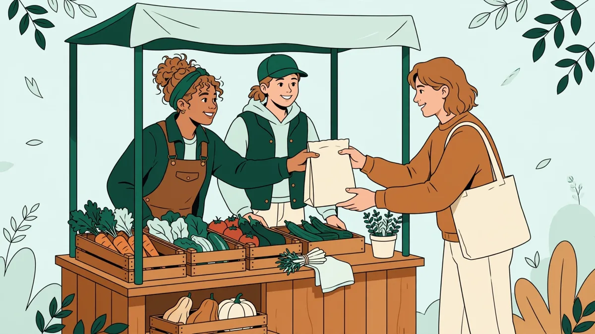 Deux étudiants derrière un stand de vente directe qui servent des légumes à des clients