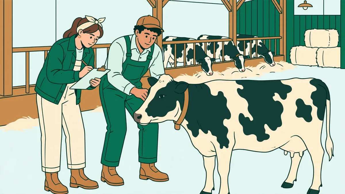 Deux étudiants en bottes qui observent une vache en étable et prennent des notes