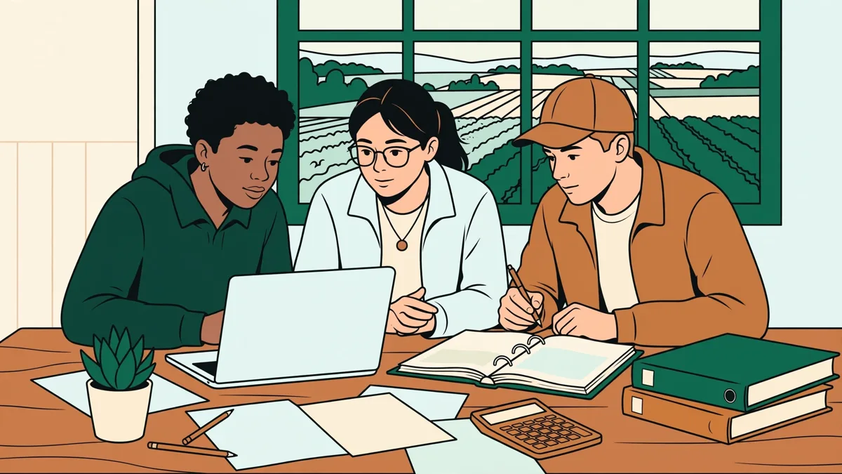 Trois étudiants autour d'une table qui analysent ensemble des documents de gestion d'exploitation agricole