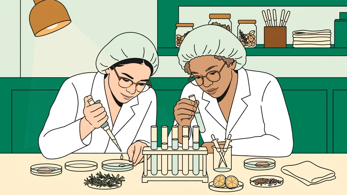 Deux apprenties en blouse et charlotte qui analysent des boîtes de Pétri et des tubes sur une paillasse