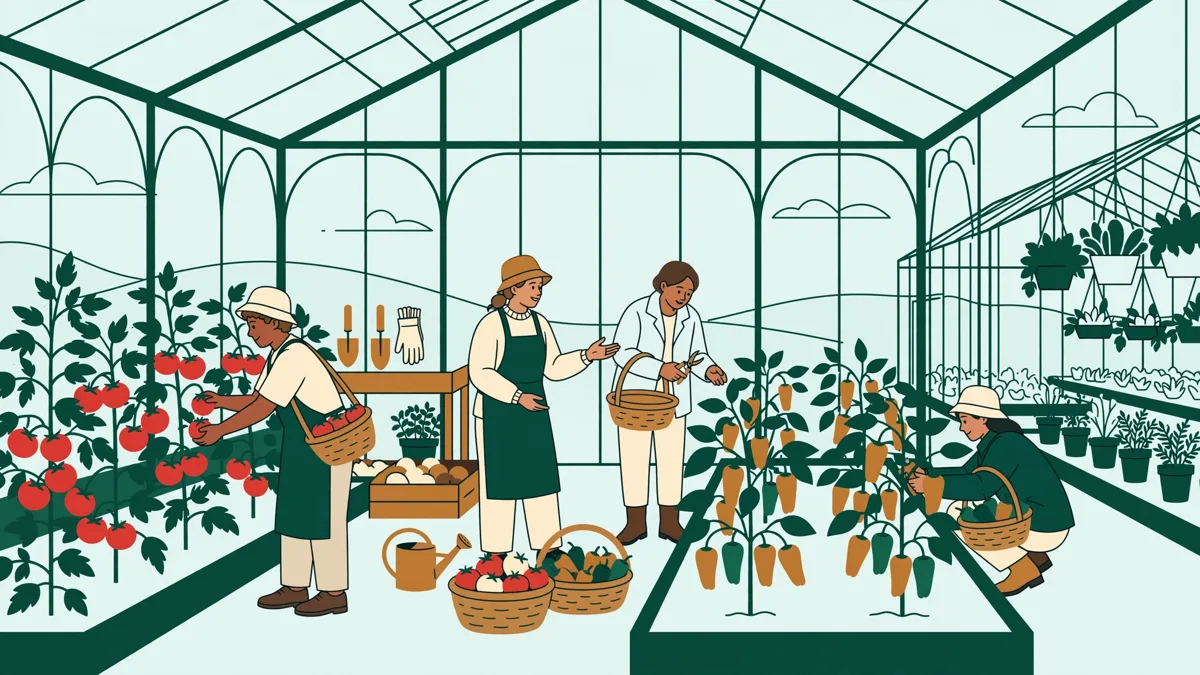 Apprentis qui récoltent des tomates et des poivrons dans une grande serre lumineuse et guident des visiteurs.