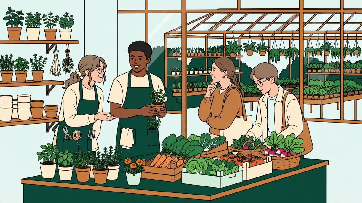 Étudiants en tablier qui conseillent des clients et encaissent des plantes dans un magasin de serres.