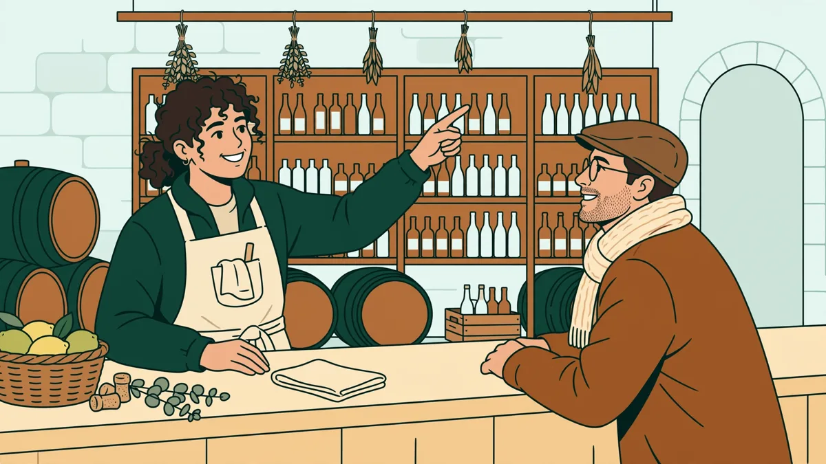 Une apprentie qui conseille un client devant un comptoir dans un caveau.