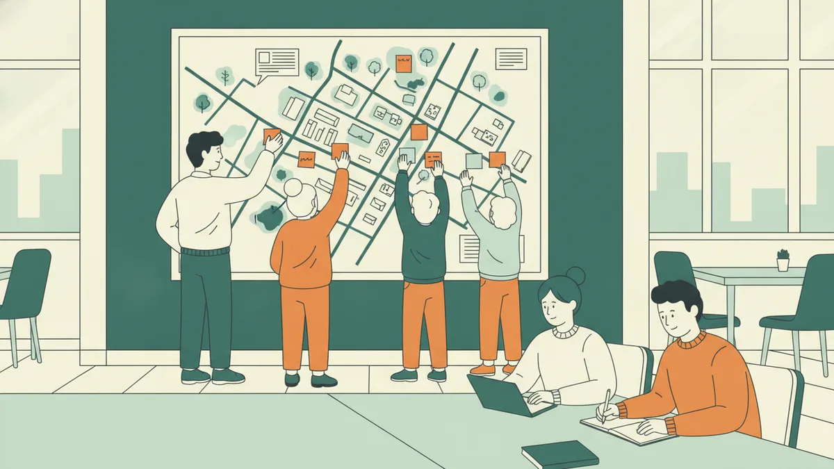 Dans une salle municipale, des étudiants animent un atelier autour d'un grand plan de quartier pendant que des habitants y collent des notes de couleur.