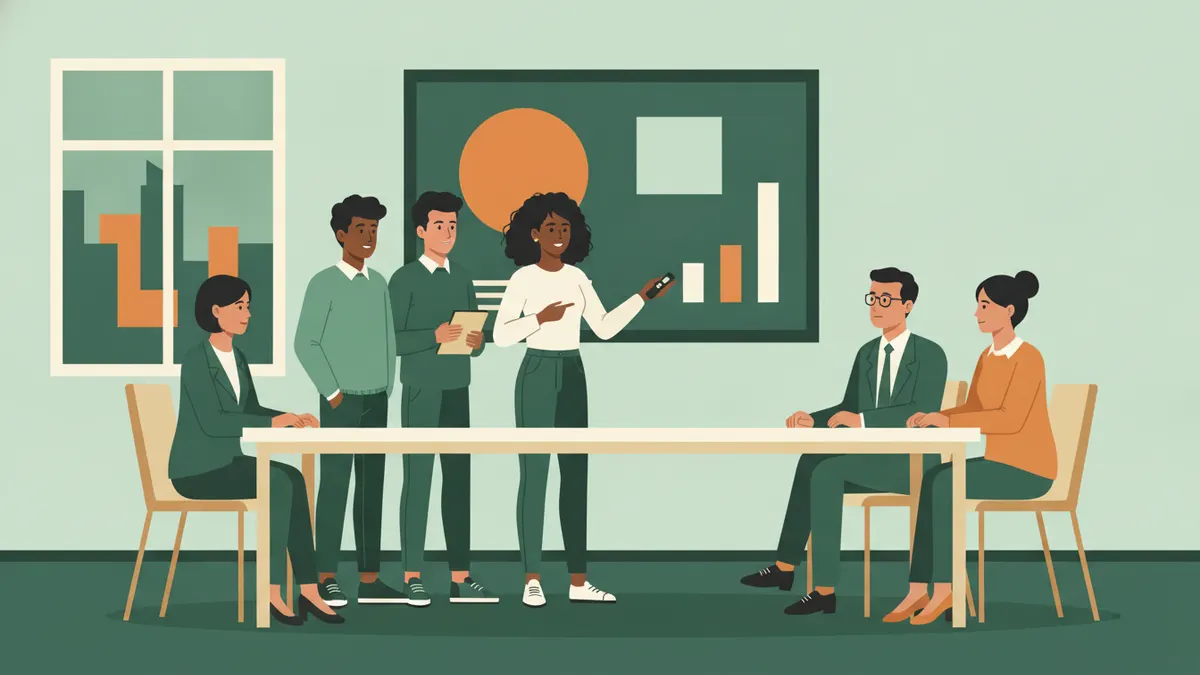 Quatre étudiants présentent un projet devant deux enseignants et un professionnel, un écran avec graphiques derrière eux.