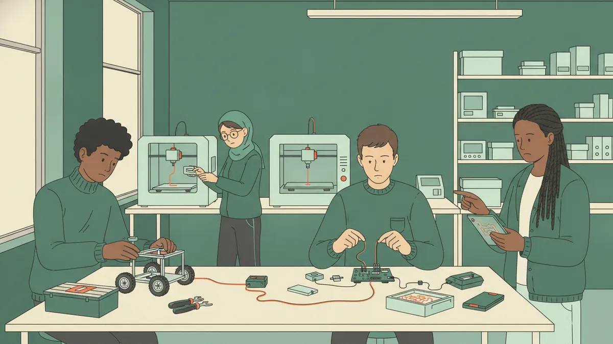 Quatre étudiants construisent un petit robot à roues dans un fablab, entre câblage de carte et impression 3D.