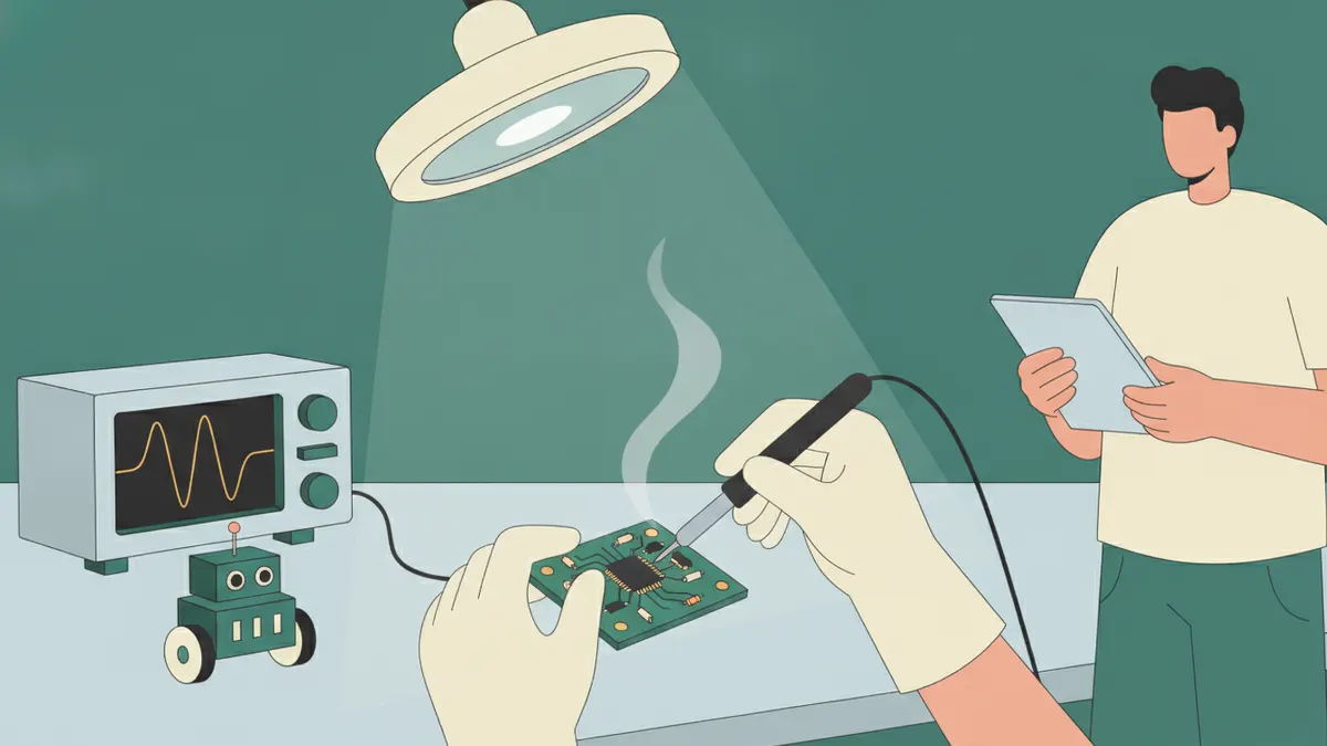 Gros plan sur un étudiant qui soude un composant sur une carte électronique, un oscilloscope et un petit robot à côté.