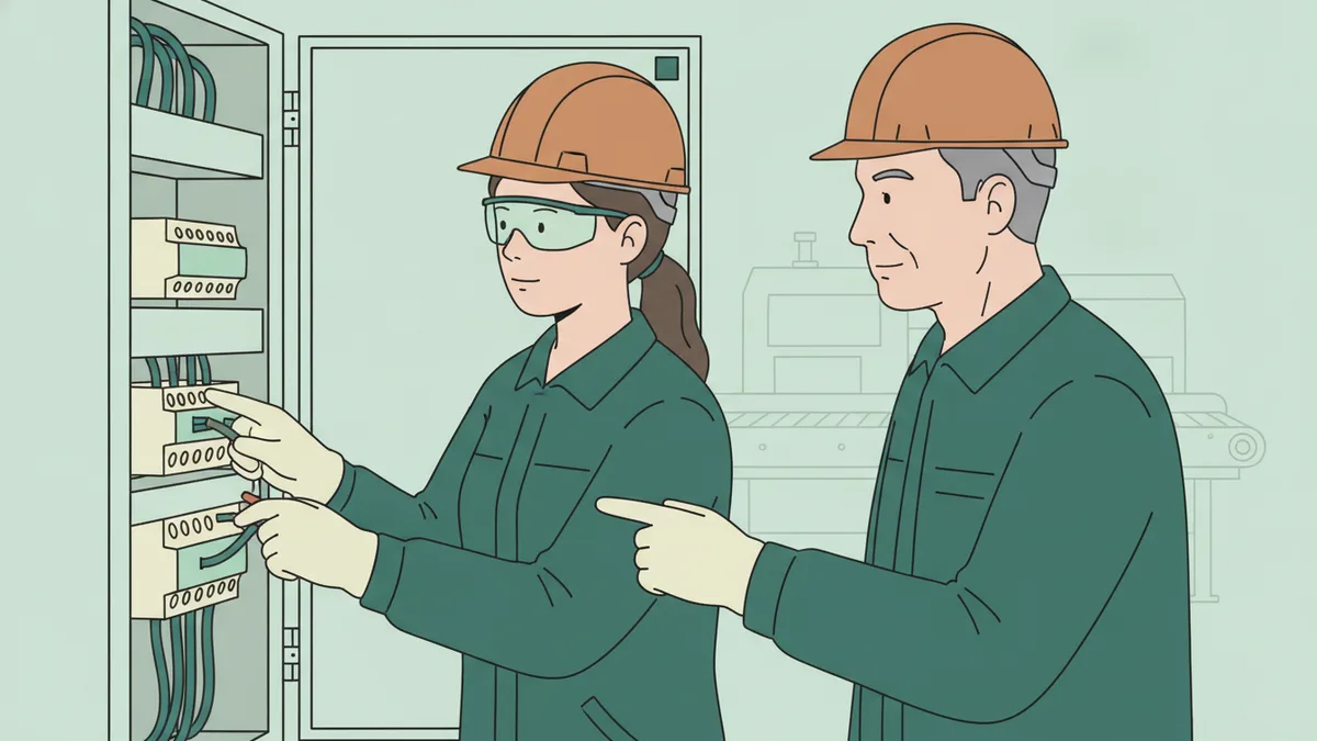 Une apprentie en casque câble une armoire électrique en atelier, guidée par un technicien.
