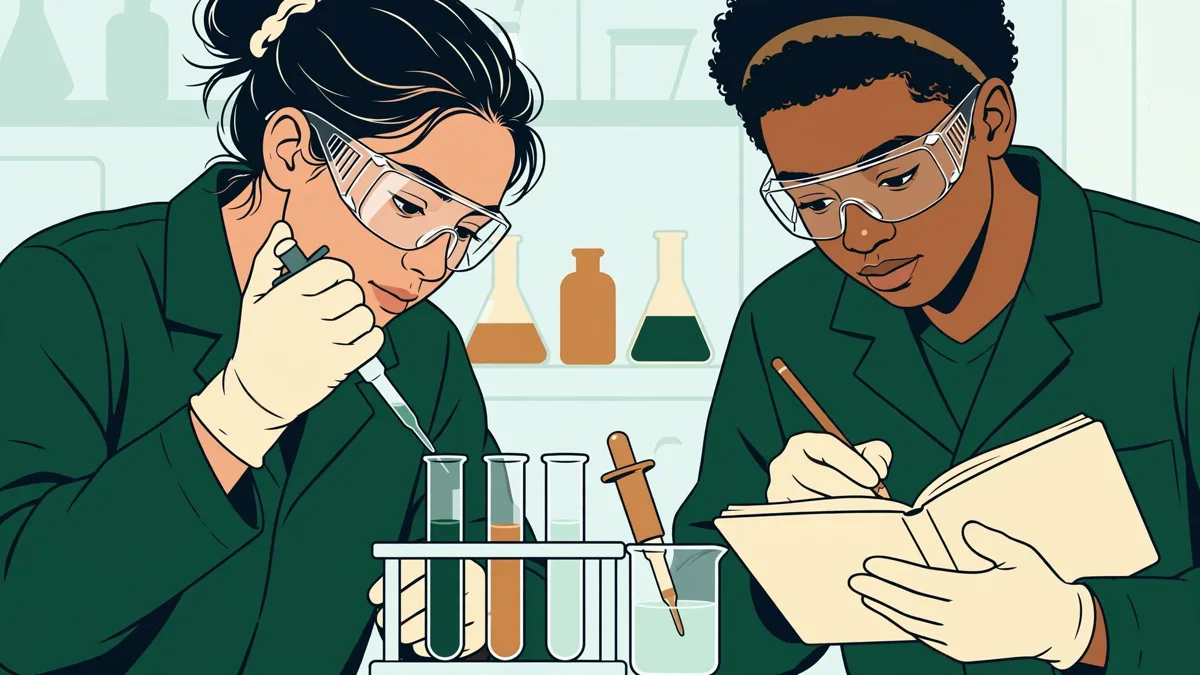 Deux étudiants analysant un échantillon liquide et notant les résultats en laboratoire de chimie