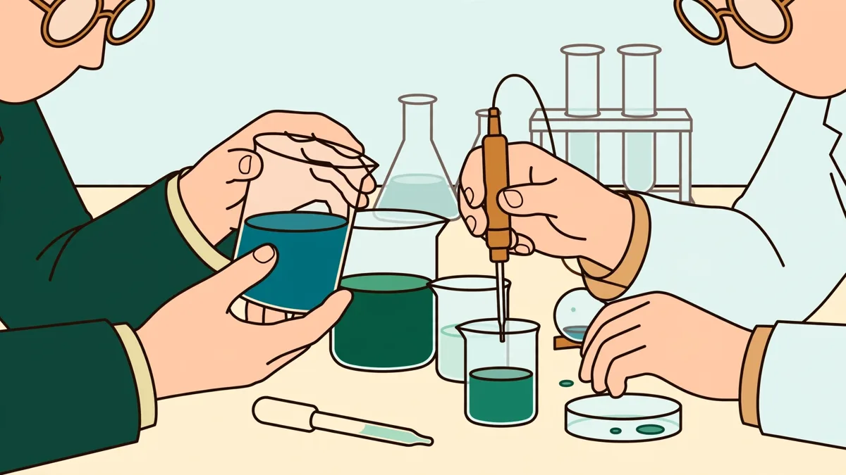 Deux étudiants en lunettes analysant un liquide coloré à la paillasse, gros plan sur les mains autour d'un bécher