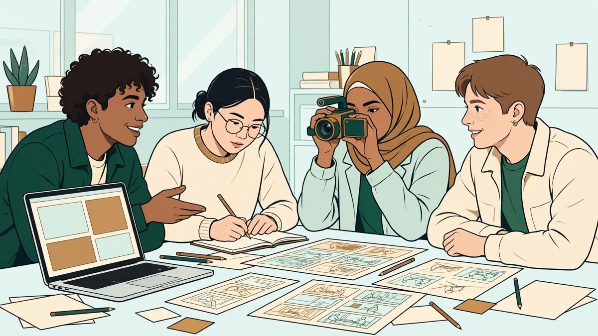 Quatre étudiants autour d'une table préparent une campagne de communication, l'une montre une maquette sur un portable pendant qu'un autre prend des notes.