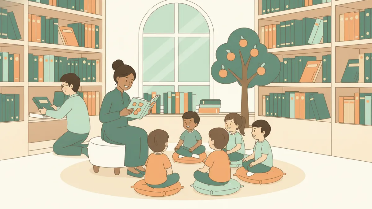Une étudiante lit un album à un cercle d'enfants dans le coin jeunesse d'une bibliothèque, pendant qu'un camarade range des livres.