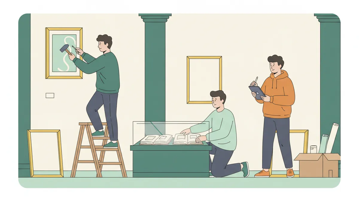 Trois étudiants installent une petite exposition : cadre accroché, vieux livres en vitrine, plan vérifié.