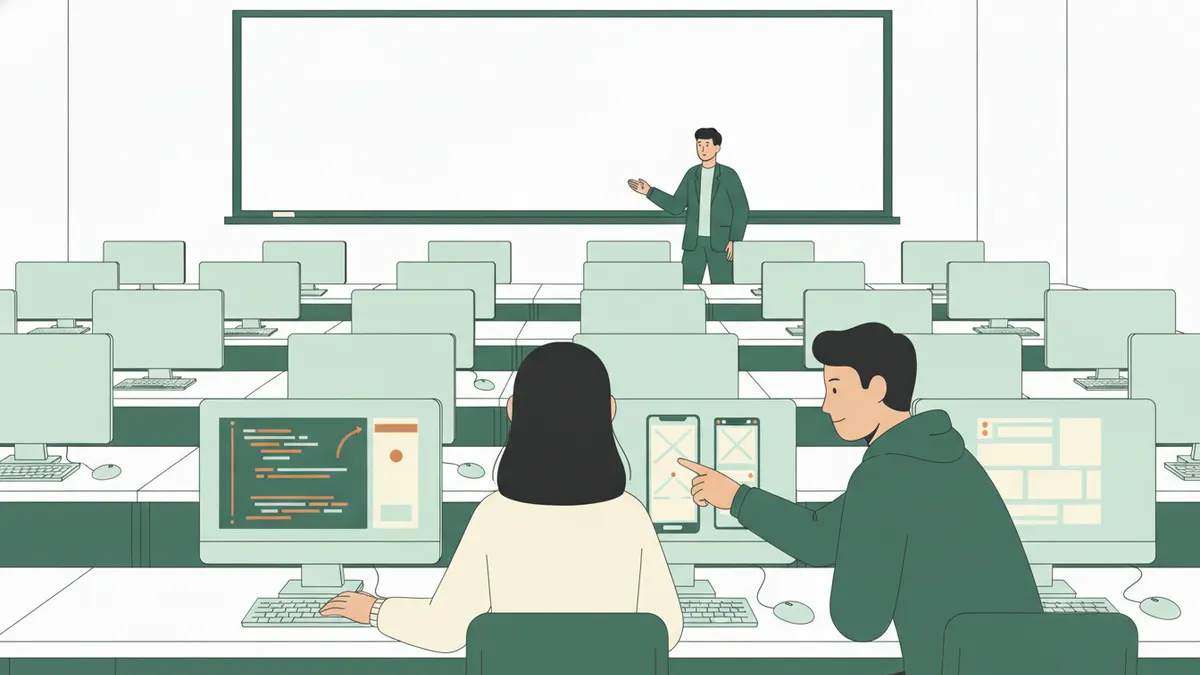 Une étudiante écrit du code pendant que son voisin lui signale une erreur et que l'enseignant passe dans les rangs