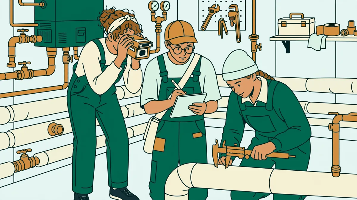 Trois étudiants qui relèvent des mesures sur une installation de chauffage avec une caméra thermique et des instruments