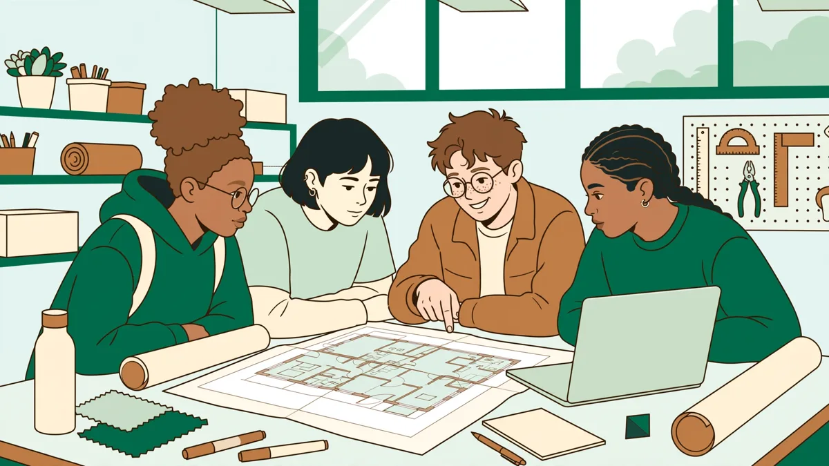 Quatre étudiants autour de plans de bâtiment et d'un ordinateur qui préparent ensemble un projet énergétique