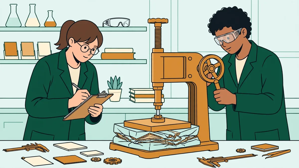 Deux étudiants en blouse devant une presse de laboratoire qui écrase une caisse en carton, l'un note les mesures pendant que l'autre surveille l'écran.