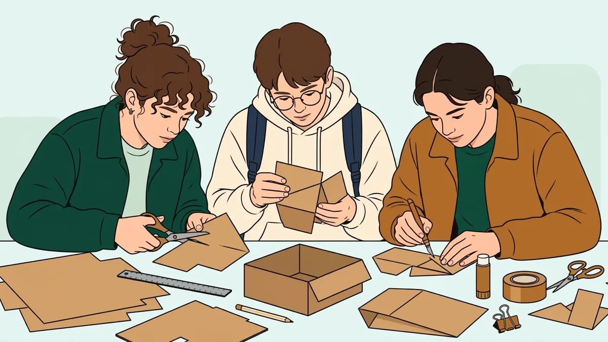 Trois étudiants autour d'une table d'atelier qui découpent et plient des maquettes d'emballages en carton, plans et prototypes partout.