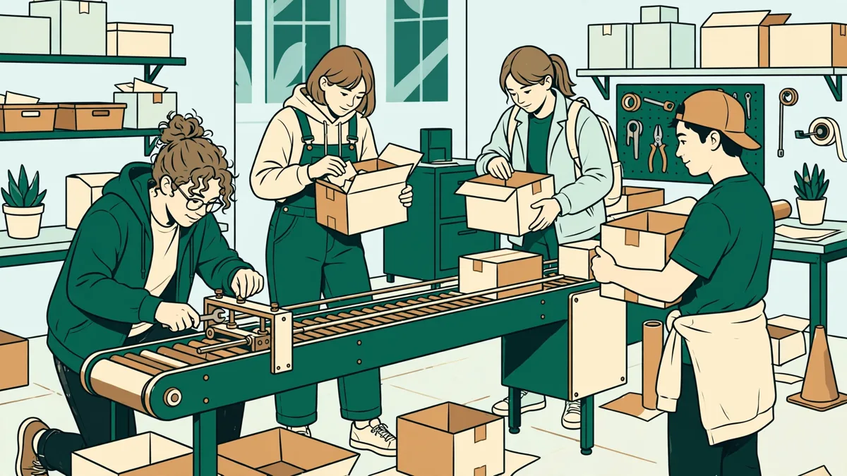Quatre étudiants autour d'une petite ligne de conditionnement en atelier, l'un règle un convoyeur pendant qu'une autre contrôle des boîtes.
