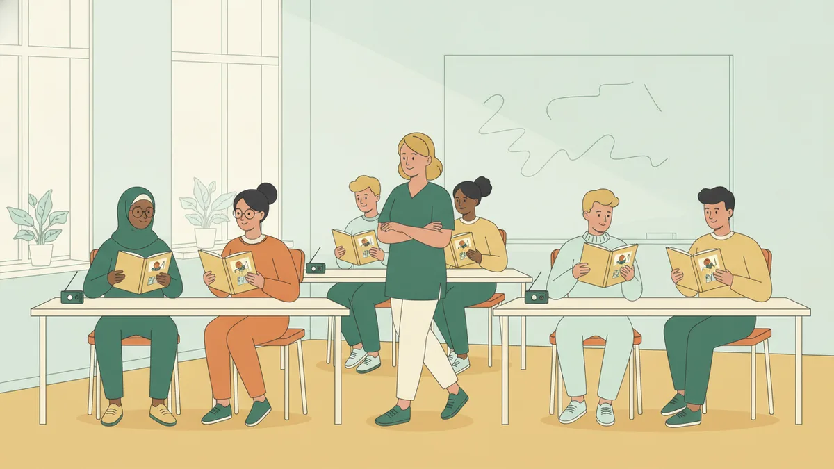 Des étudiants en orthophonie travaillent par deux sur des livrets illustrés, avec des enregistreurs posés sur les tables.