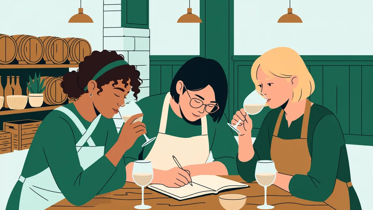Trois élèves autour d'une table de dégustation : l'un sent son verre, un autre prend des notes, le troisième observe la robe du vin.
