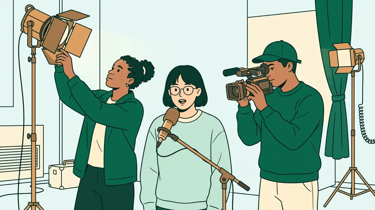 Trois etudiants en communication en action dans un petit studio, l'un filme, l'une parle au micro, le troisieme regle la lumiere