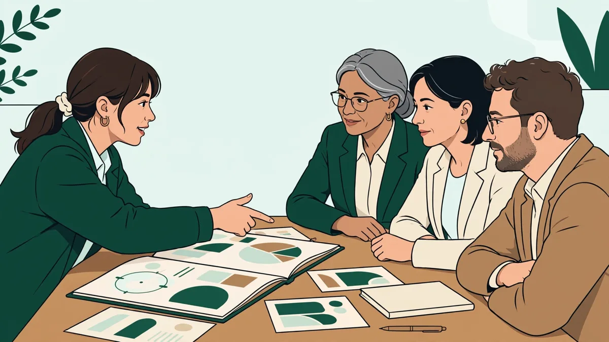 Une etudiante en communication qui presente son portfolio a des professionnels autour d'une table