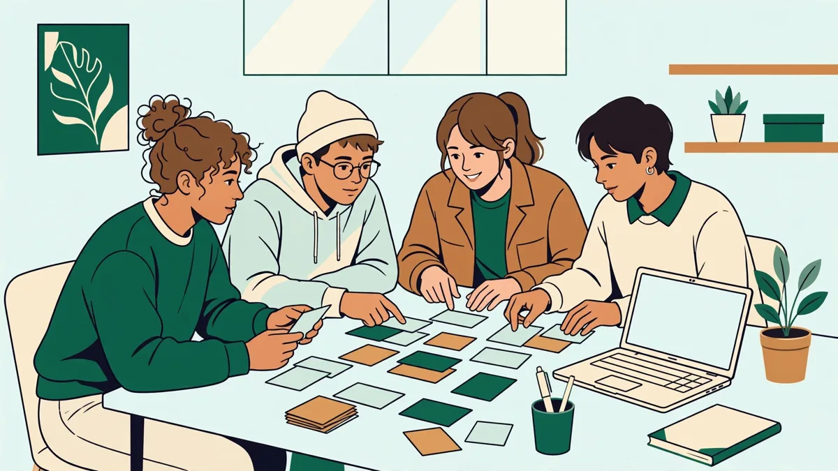 Quatre étudiants construisent ensemble un plan de formation avec des fiches, un calendrier et un ordinateur portable.