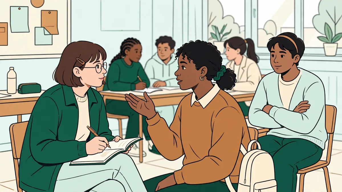 Deux étudiantes jouent un entretien d'embauche autour d'une table, l'une pose les questions, l'autre répond, un troisième prend des notes.