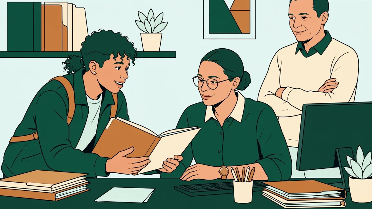 Une apprentie présente un dossier du personnel à une salariée sur un bureau, avec classeur et ordinateur, sous l'oeil de son tuteur.