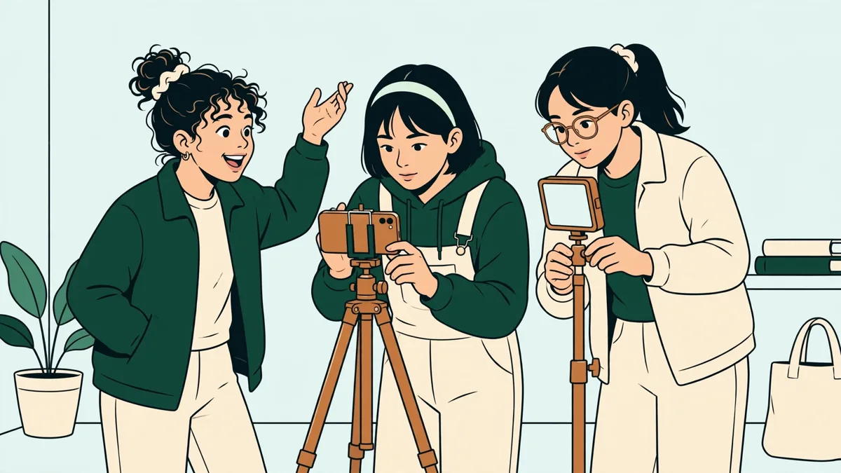 Une apprentie filme un camarade avec un smartphone sur trépied pendant qu'un autre règle la lumière pour un tournage.