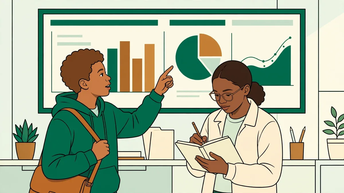 Deux apprentis devant un écran de statistiques de ventes, l'un montre une courbe qui monte pendant que l'autre prend des notes.