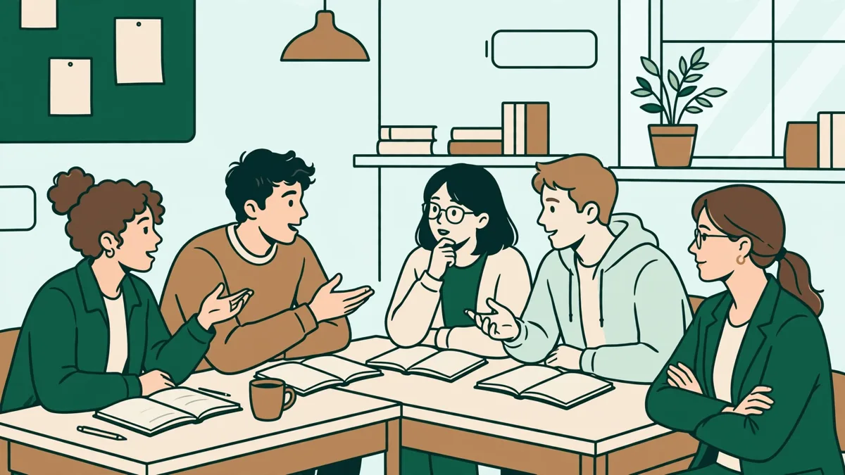 Petit groupe d'étudiants qui débattent autour d'une table en classe pendant qu'une enseignante les écoute et prend des notes.
