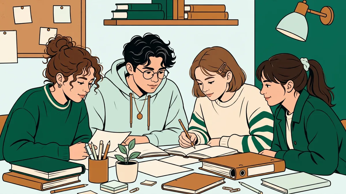 Quatre étudiants qui révisent ensemble autour d'une table dans une petite salle de travail, livres et fiches étalés.