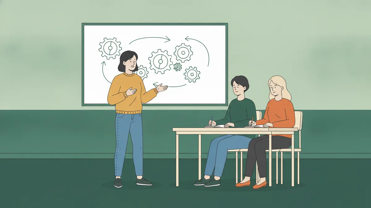 Une étudiante de CPES scientifique présente au tableau un schéma d'engrenages devant deux enseignants qui l'écoutent et prennent des notes.