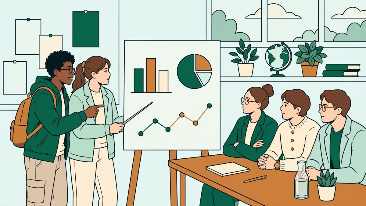 Deux étudiants qui présentent leur projet scientifique avec un poster et des graphiques devant un petit jury dans une salle de cours.