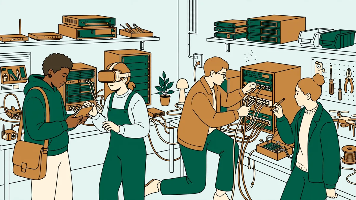 Quatre étudiants en labo technique manipulent du matériel réseau et un casque immersif.