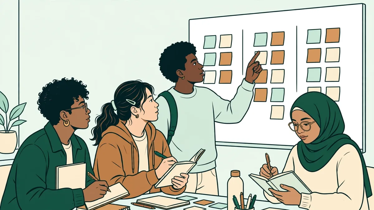 Quatre étudiants debout autour d'un tableau blanc quadrillé comme un planning, l'un pointe une tâche pendant que les autres prennent des notes.