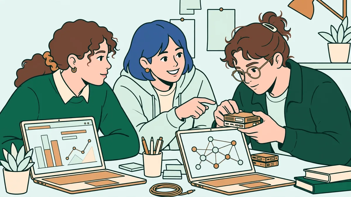 Trois étudiants devant des écrans, l'un branche une maquette de serveurs pendant qu'un autre montre un tableau de bord de données.