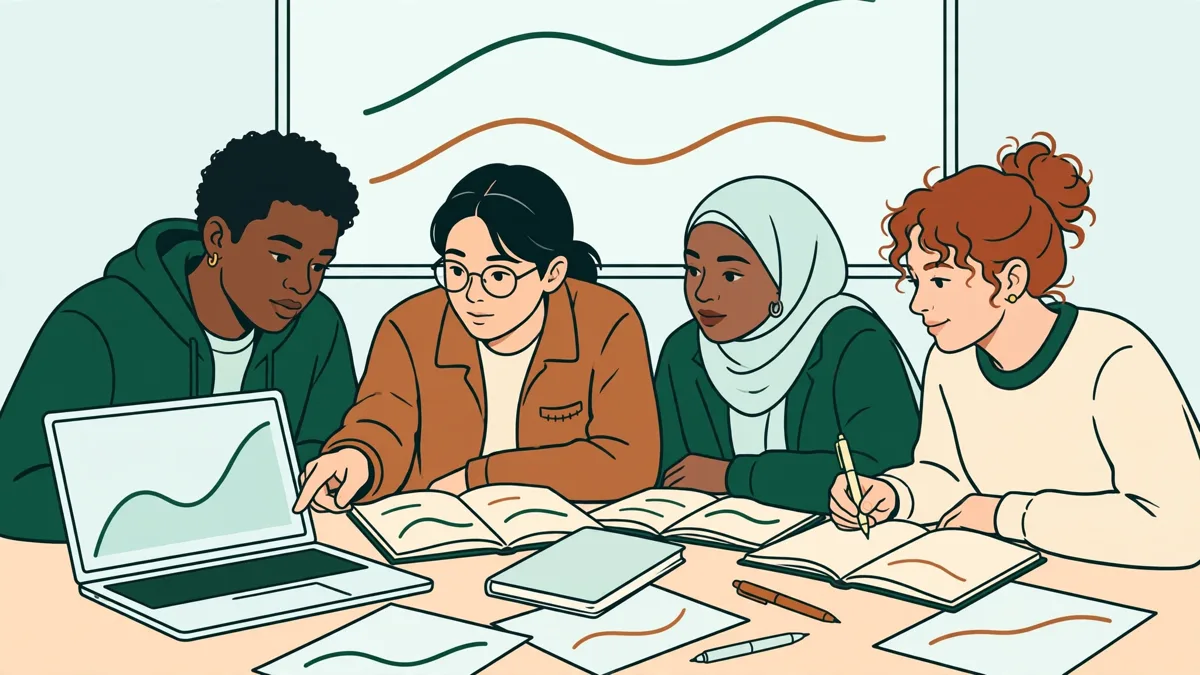 Quatre étudiants autour d'une table qui analysent une courbe de santé sur un portable, carnets ouverts, tableau blanc derrière eux.