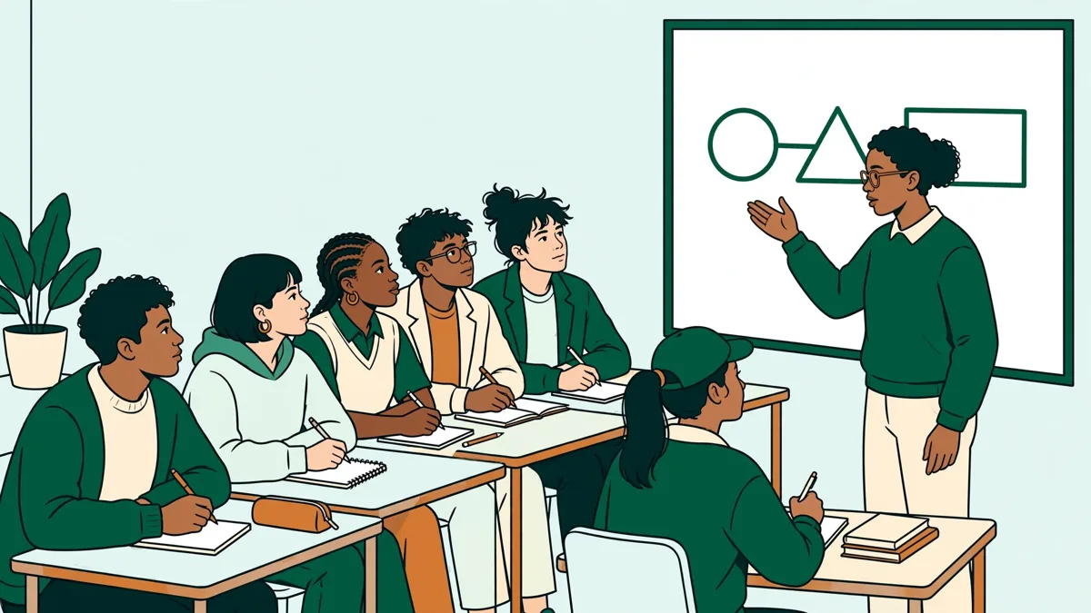 Huit étudiants en tutorat resserré, l'un explique un calcul au tableau pendant que les autres prennent des notes.