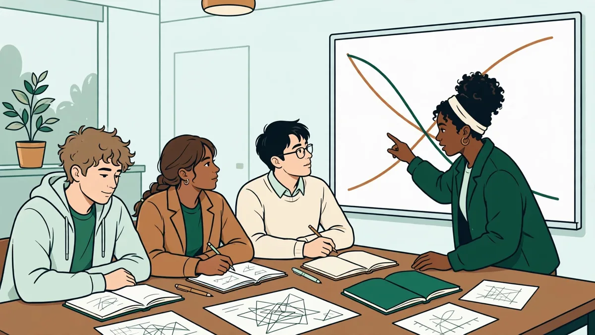 Petit groupe d'étudiants en CPES économie qui débattent autour d'une table devant un tableau couvert d'équations et de courbes