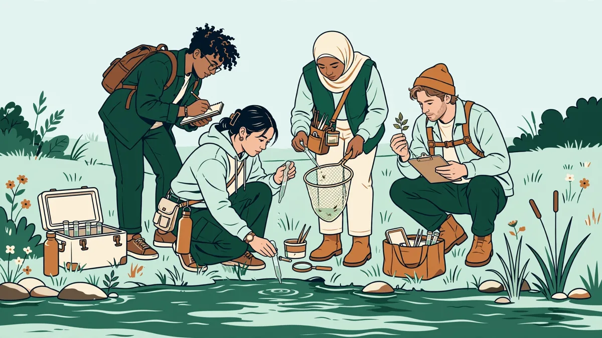 Trois étudiants en extérieur autour d'un carnet et d'instruments de mesure, en train de relever des observations pour un projet environnemental.