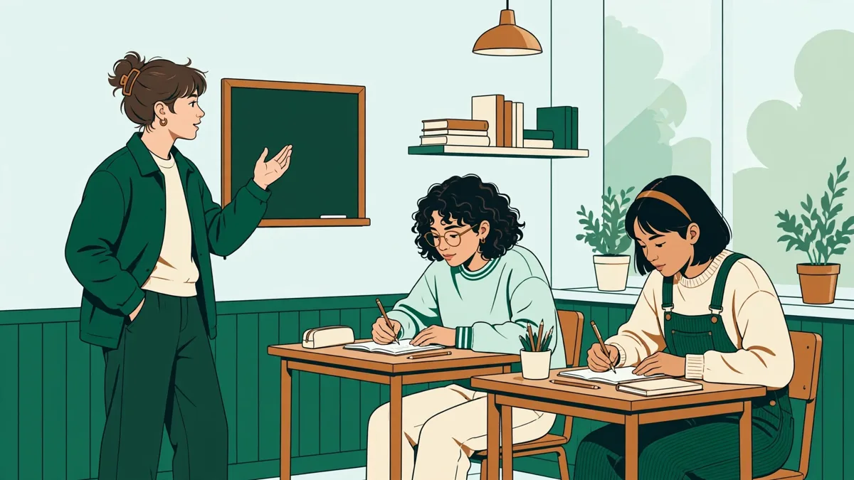 Deux élèves préparent un exposé littéraire au tableau pendant qu'une troisième prend des notes à une table en bois.