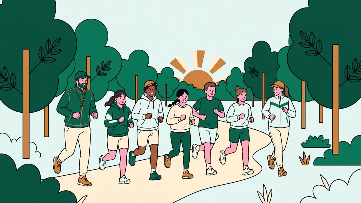 Un petit groupe d'élèves fait son footing du matin sur une allée bordée d'arbres au lever du jour.