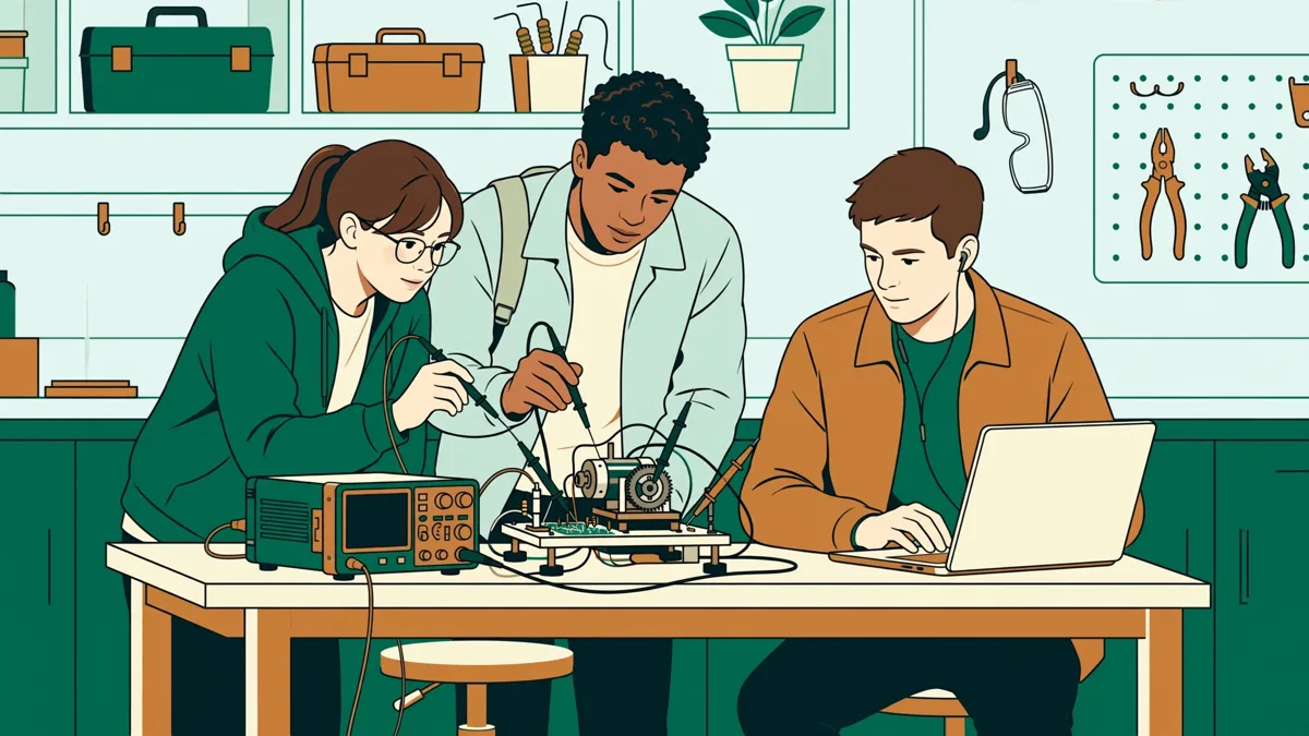 Quatre étudiants penchés sur un banc d'essai électromécanique relèvent une mesure sur oscilloscope et ordinateur pendant un TP.