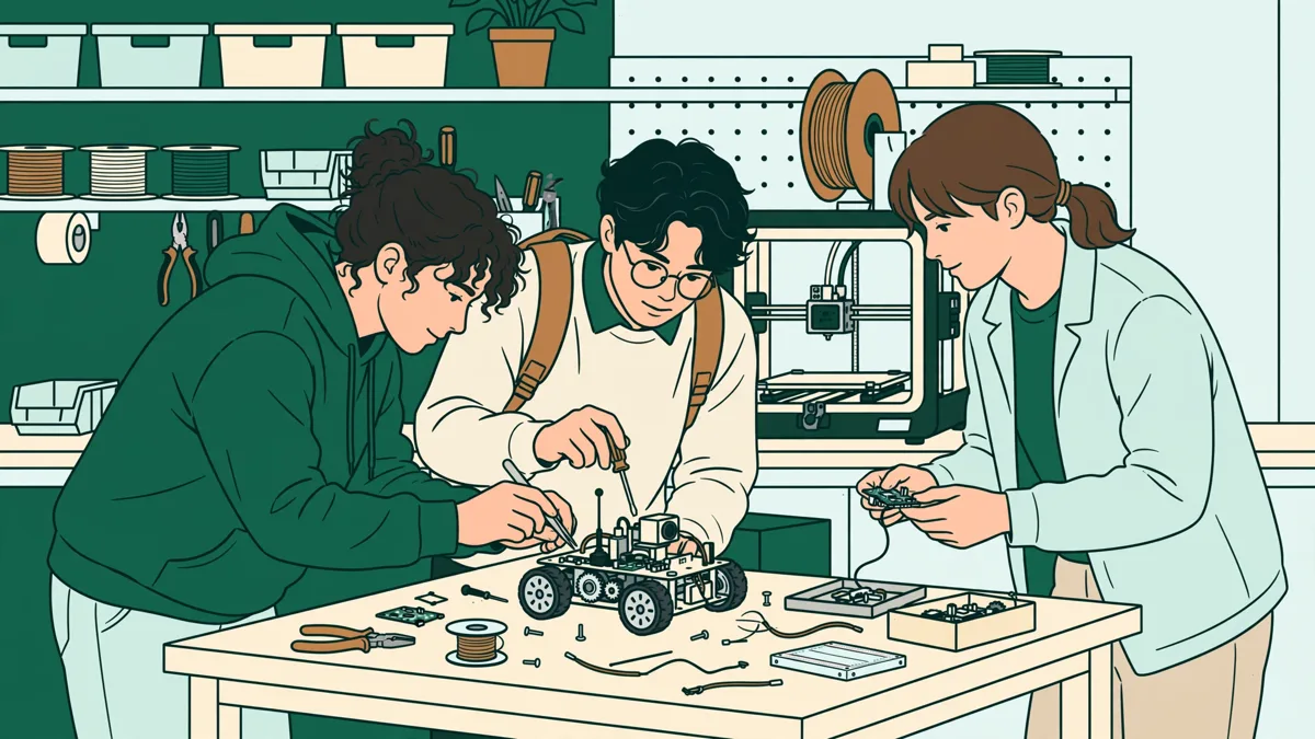 Trois étudiants assemblent un petit robot sur un établi avec imprimante 3D et outils pendant un atelier.