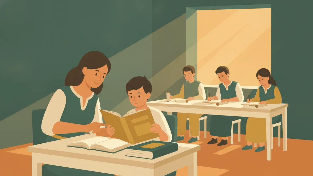 Une professeure accroupie près d'un étudiant qui traduit un texte latin avec un dictionnaire.